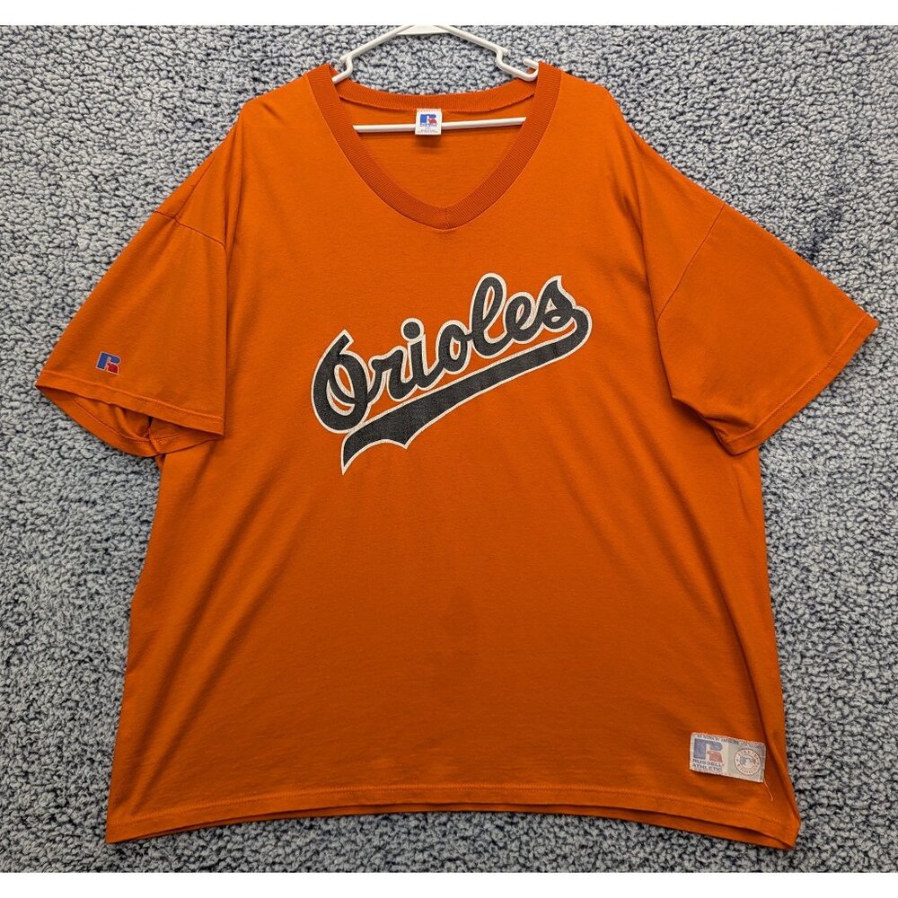 VTG Russell Baltimore Orioles Baseball Shirt Mens XXL Spellout Logo USA Orange